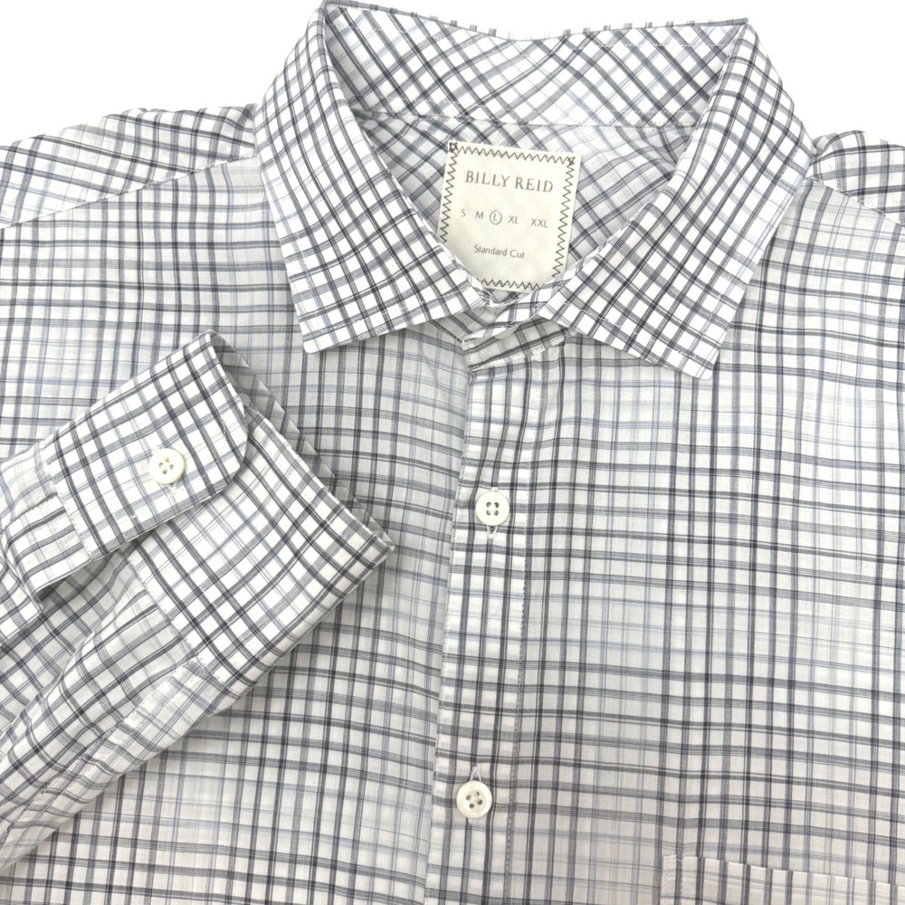 Billy Reid Mens‎ Large Standard Cut Plaid Button Down Shirt Navy White